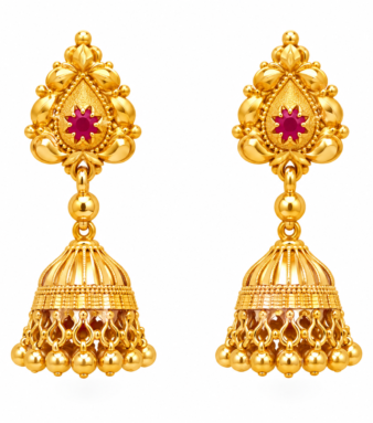 22K Gold Ruby Floral Motif Beaded Jhumka