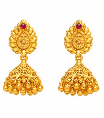 22K Gold Ruby Temple Motif Beaded Jhumka