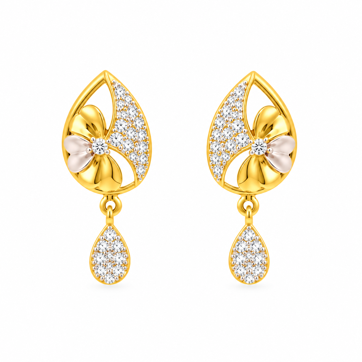 9K Gold Teardrop Floral Sparkle Drop Stud