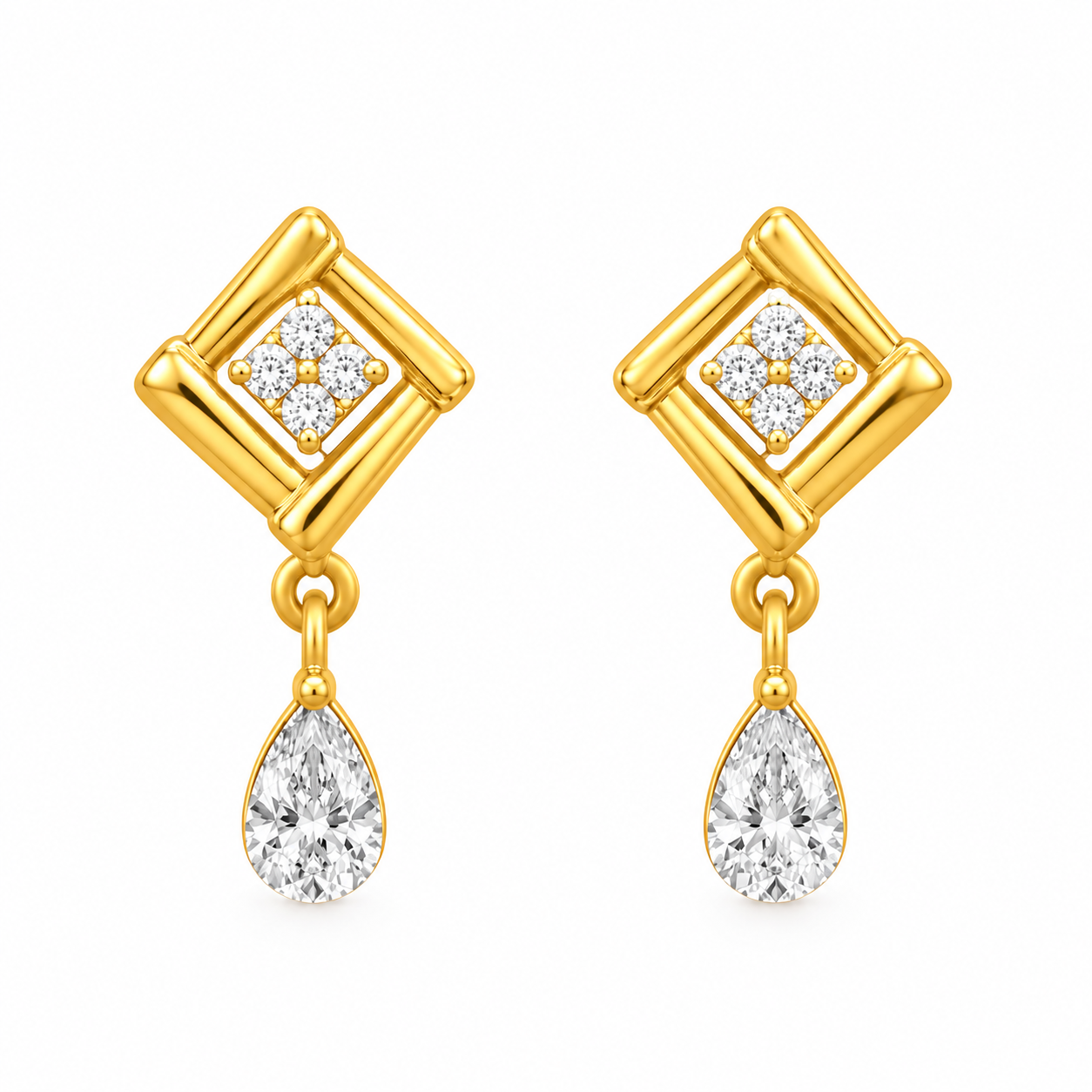 9K Gold Diamond Square Frame Drop Stud