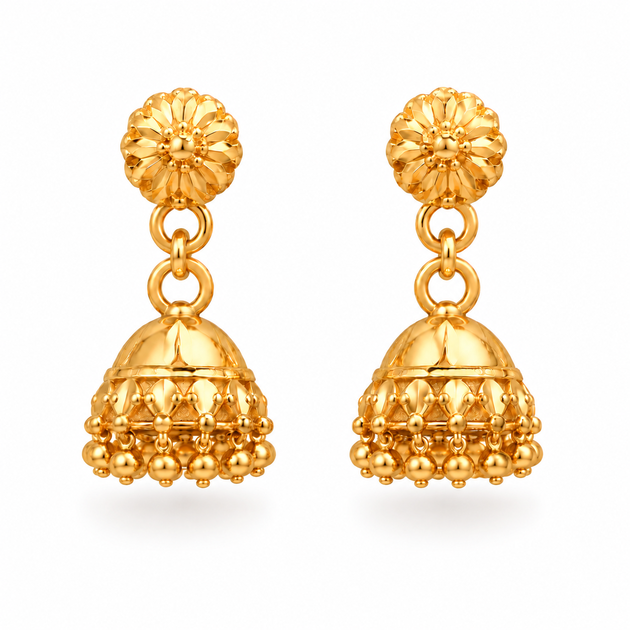 22K Gold Floral Textured Beaded Jhumka