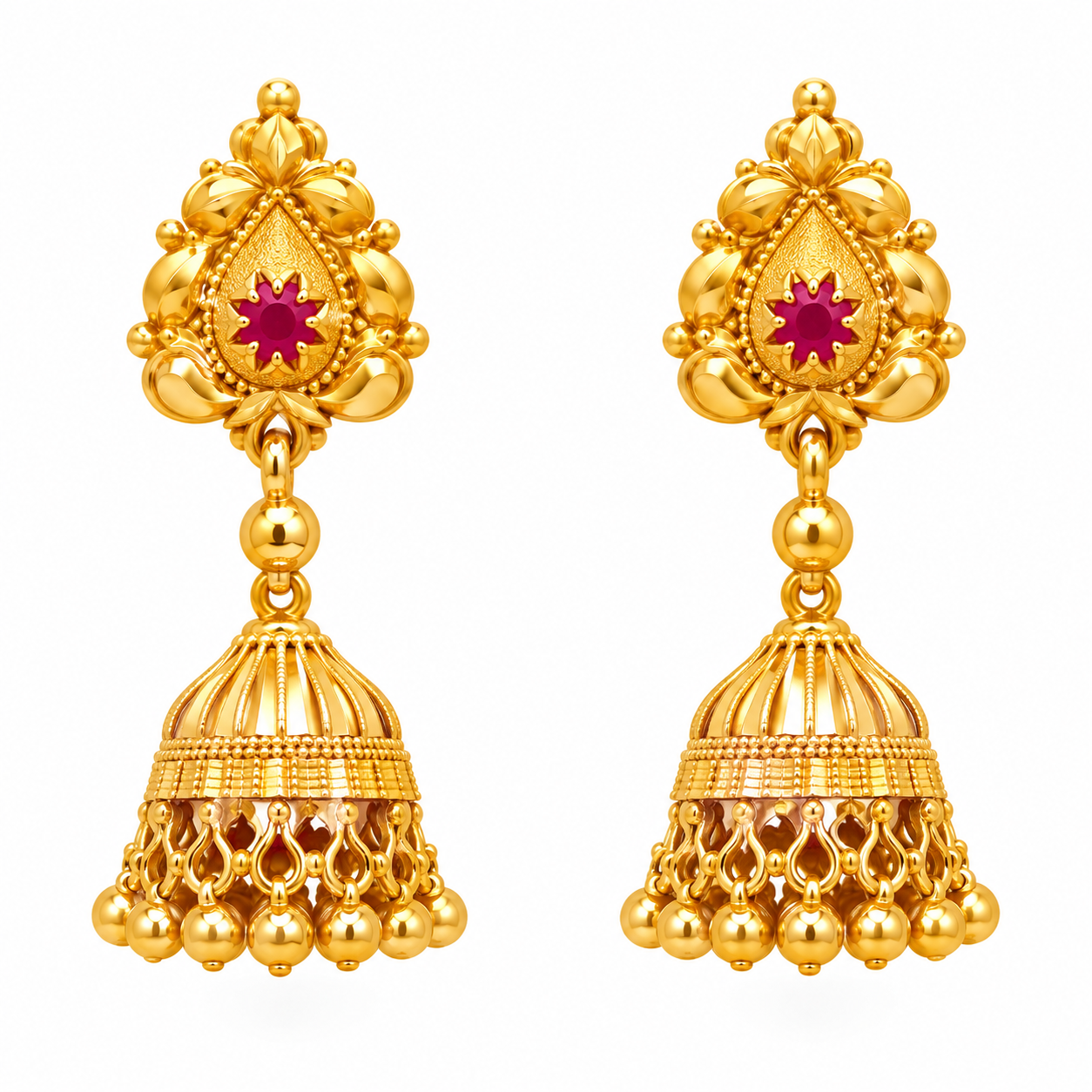 22K Gold Ruby Floral Motif Beaded Jhumka