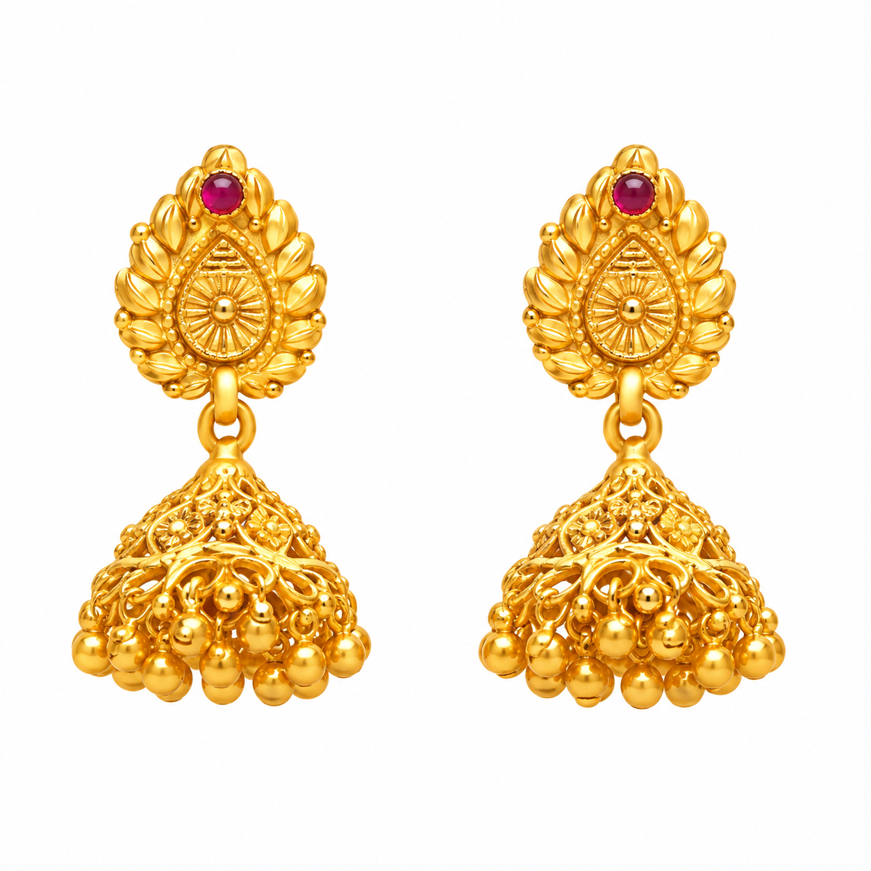22K Gold Ruby Temple Motif Beaded Jhumka